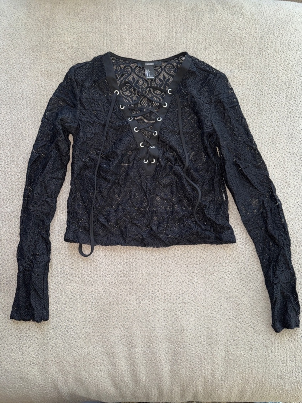 Forever 21 Black Lace-Up Sheer Lace Long Sleeve Top